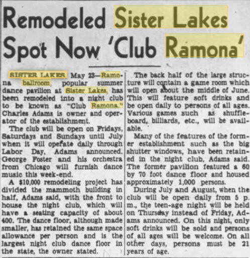 Ramona Ballroom/Dance Pavilion at Sister Lakes - 23 May 1953 Remodeled (newer photo)